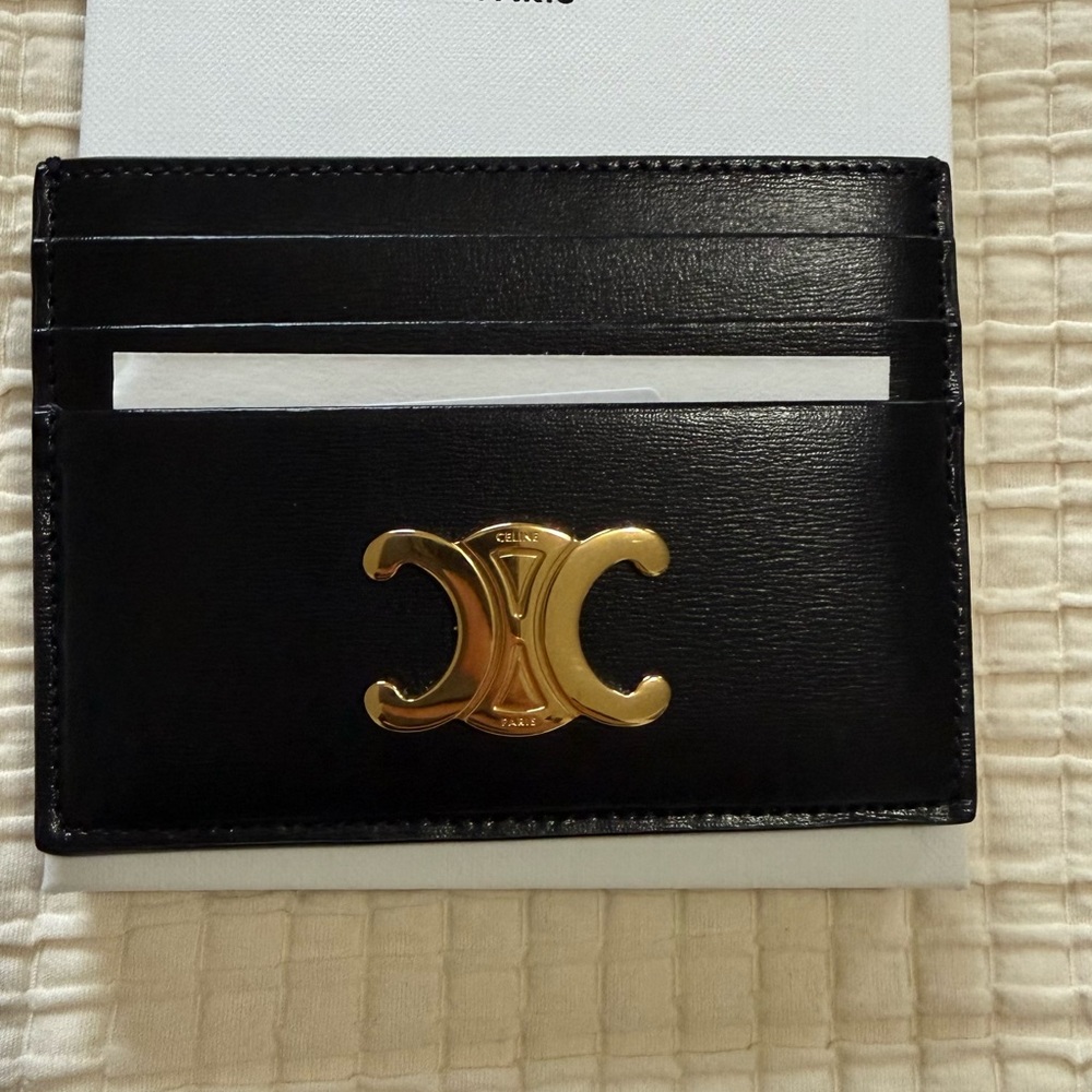 Celine Black Leather Card Holder with Gold Triomphe Emblem
